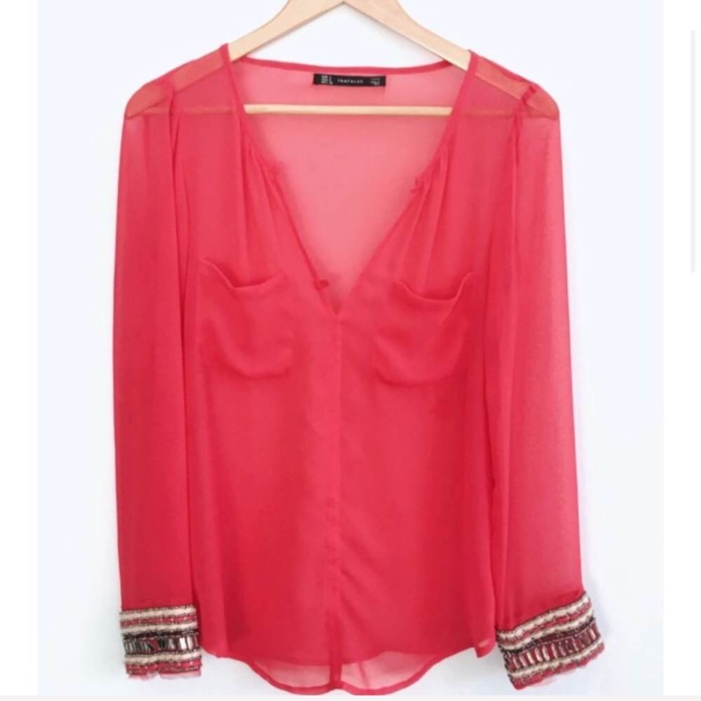 Zara pink shear top with embellished sleeves